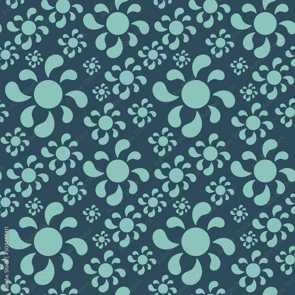 Simple flat flowers with petals in the form of drops, seamless pattern. Simple flat flowers with petals in the form of drops, seamless pattern.
