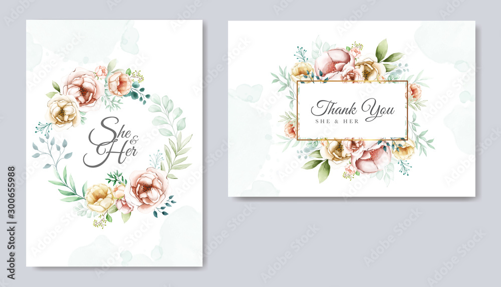 wedding invitation suite with watercolor floral and leaves