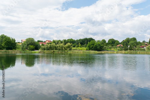 calm lake with green vegetation and houses in the background