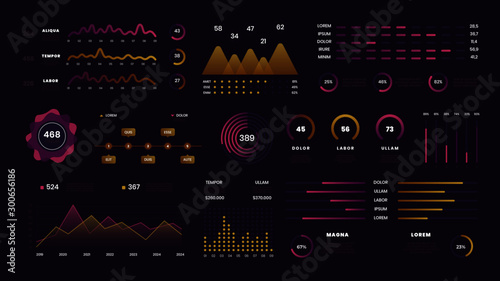 Technology hud user interface graphic display. Vector interactive UX website panel on dark background with charts, diagrams. Data screen, futuristic ui infographic