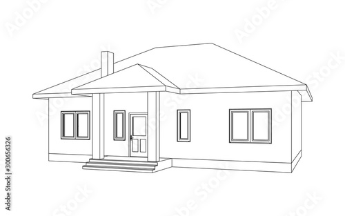 Building perspective 3D. Drawing of the suburban house. Outlines cottage on white background. House 3D model perspective vector. Cottage blueprint. EPS 10. 
