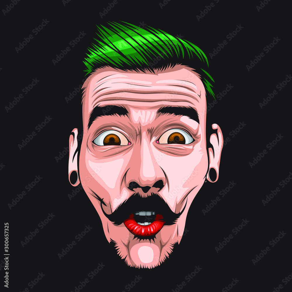 The man's face was shocked, excited, he had green hair and bright red lips. A man with mental illness Scary face. 