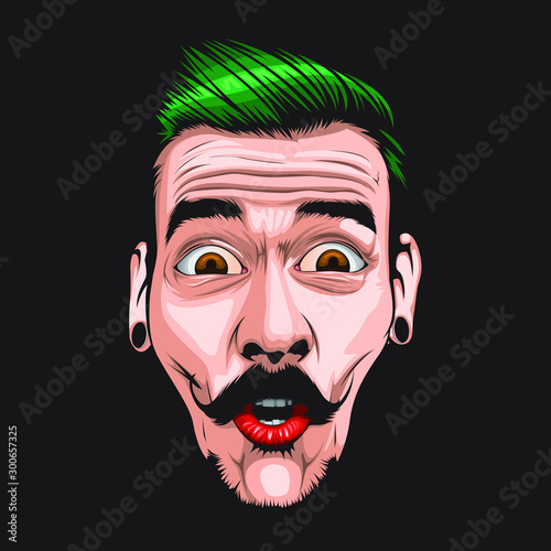 The man's face was shocked, excited, he had green hair and bright red lips. A man with mental illness Scary face. 