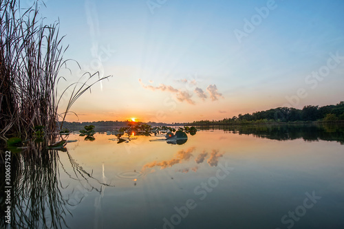 Water Drops from Calm Lake at Sunset captured at water level
