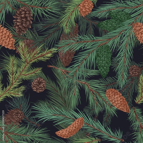 Colorful realistic seamless pattern with conifer branches and cones. Hand drawn background with evergreen plant. Detailed engraved backdrop with coniferous tree. Vector illustration.