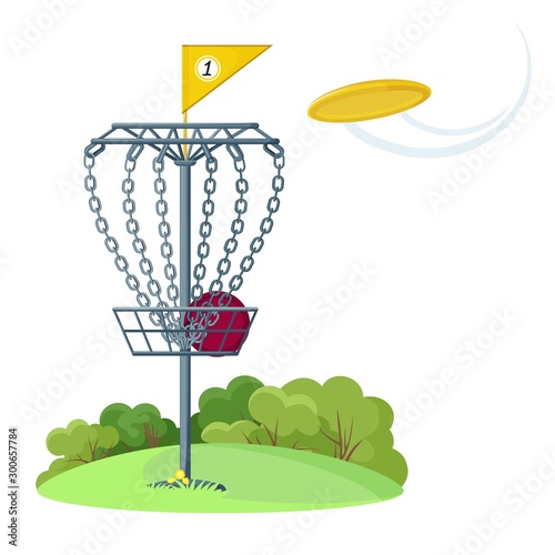 Disc golf basket with yellow flying frisbee disk