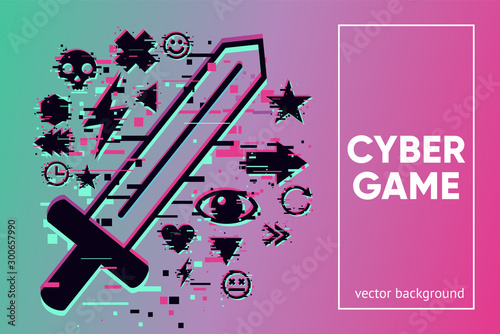 Cyber sword. Video game vector emblem with glitch effect. Fantasy battle background with hologram knife.