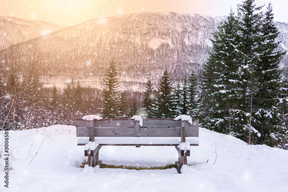 Wooden bench facing away, out towards winter landscape with mountains and fir trees. All covered in snow. Warm sun glowing, snowfall with gleaming snowflakes. Orange, green and white colors. Norway.