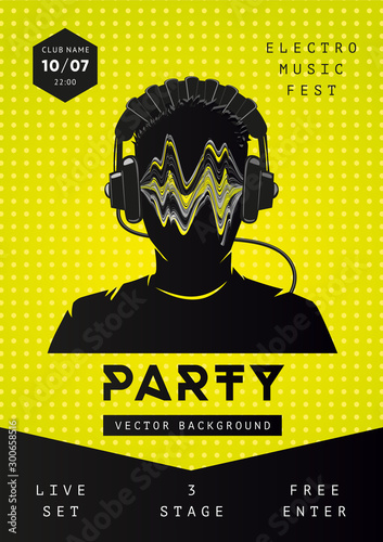 Electro music party poster template. Dance festival background with dj face. Night club flyer design