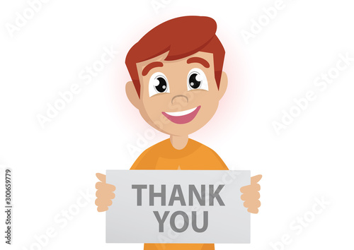 Cartoon character, Happy Boy Holding Big "Thank You" Sign.