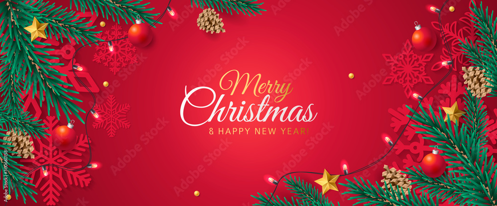 Merry Christmas horizontal background. Vector illustration with Christmas decorations