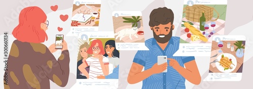 Girl and guy browse social networks. Man and woman making post and sharing happy moments with their followers. Social media influence and addiction. Vector illustration in flat cartoon style.