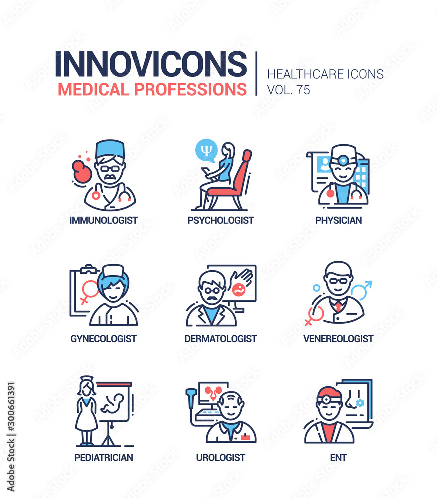 Medical professions line design style icons set