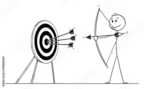Vector cartoon stick figure drawing conceptual illustration of successful man or businessman shooting arrow at target with bow. Business concept of pointing at goal or success.