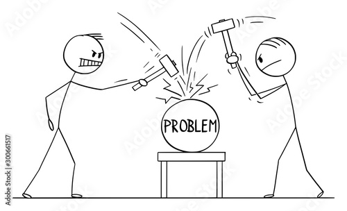 Vector cartoon stick figure drawing conceptual illustration of two men or businessmen beating problem with hammers. Concept of cracking or solving problem.