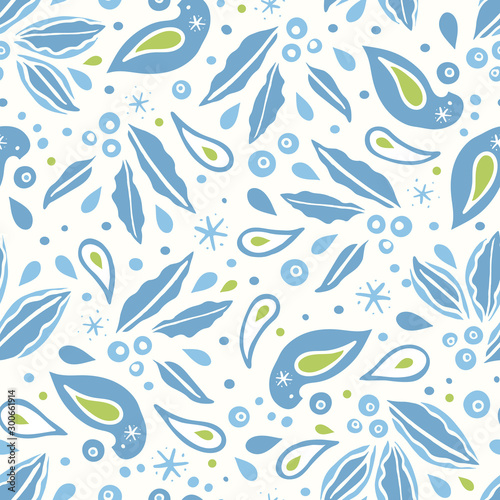 Holiday Holly Berry Winter Bird folk art seamless vector pattern. Holly berry, bird, star and snow flake in blue tones. All over print. Perfect for christmas season and winter holiday.