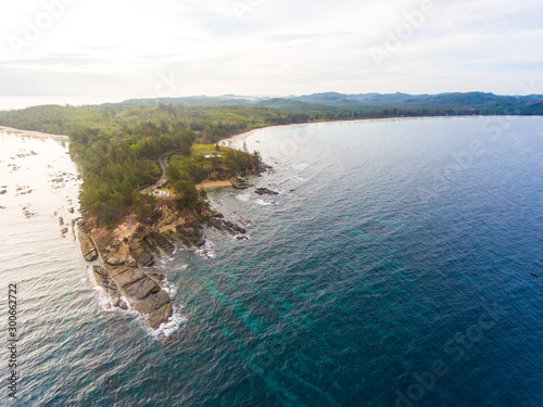 Aerial drone image of beautiful Landscape scene and most famous tourist attraction TIPS OF BORNEO at Kudat, Sabah, Malaysia. (Image contain soft focus and blur and gain noise)