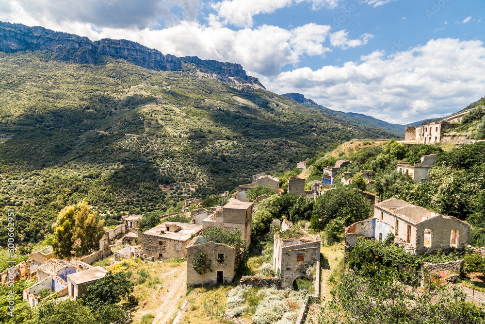 Abandoned mountain village Gairo Vecchio destroyed by a flood and called Ghost Town. South Sardinia, Italy.	