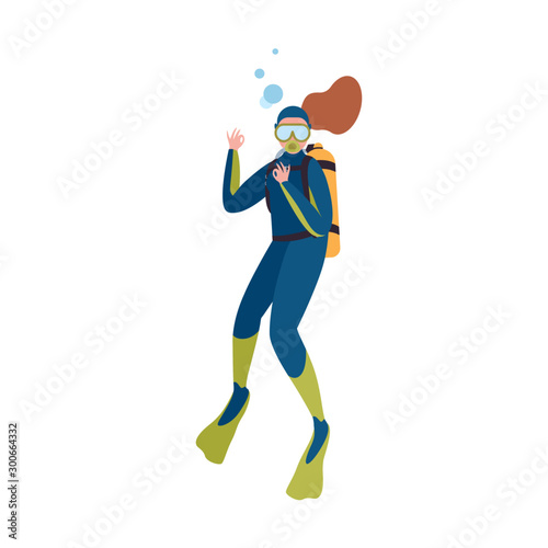 Scuba diver in wetsuit show ok gesture isolated on white background