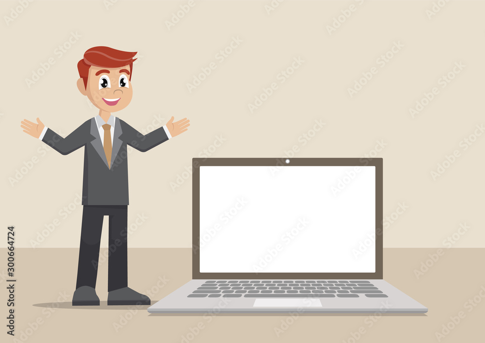 Cartoon character, businessman and laptop display. Cartoon character, businessman and laptop display.
