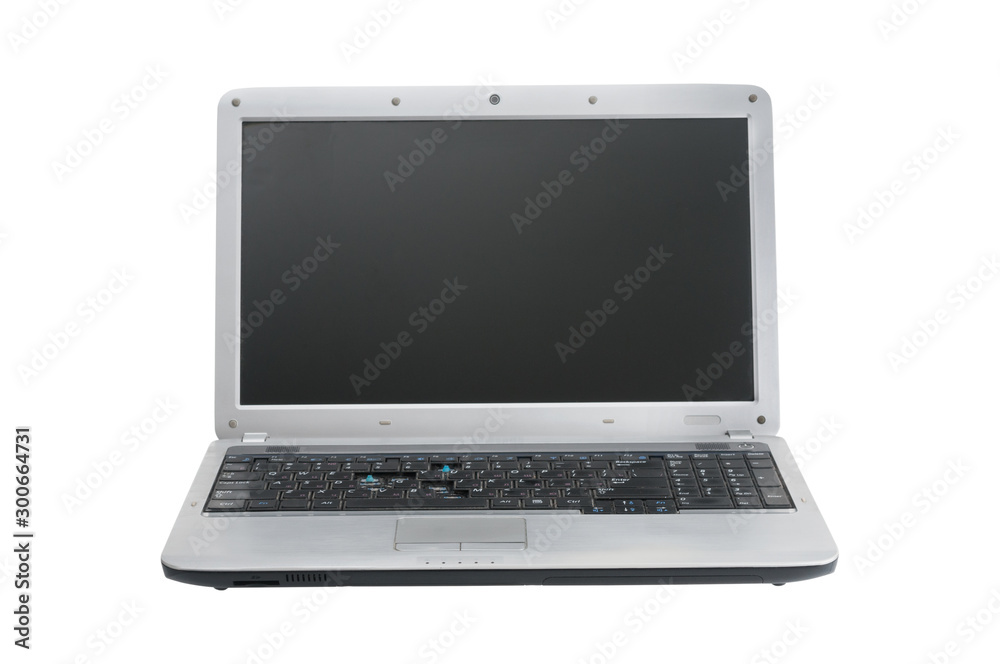 Old laptop computer close up on white background Old laptop computer close up on white background