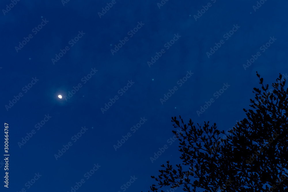 Half moon and stars on the sky night time background with copy space for text or design.