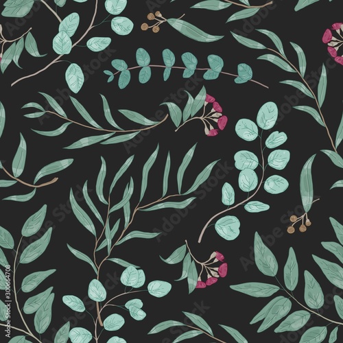 Colorful seamless pattern with eucalyptus branches and blooming flowers. Realistic natural background with green plant leaves on black background. Elegant botanical vector illustration.