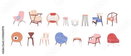 Collection of trendy scandinavian chairs isolated on white background. Comfortable armchair and stylish stool bundle. Set of simple and fashionable furniture elements. Vector illustration.