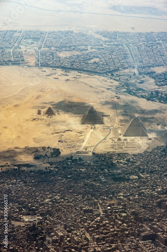 The Giza pyramid complex, also called the Giza Necropolis viewed from airplane window