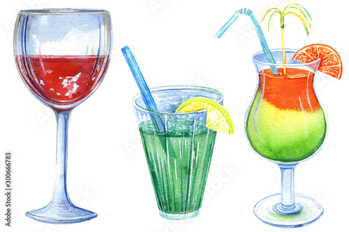 Hand drawn colorful cocktails with lemon, orange, red wine.  Watercolor illustration