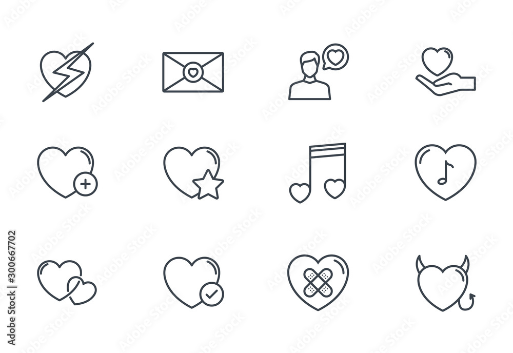 heart love romantic passion icons set