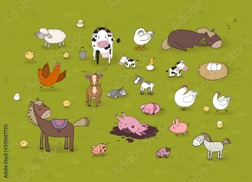 Farm animals. Cute cartoon horse, cow and goat, sheep and goose, chicken and pig.
