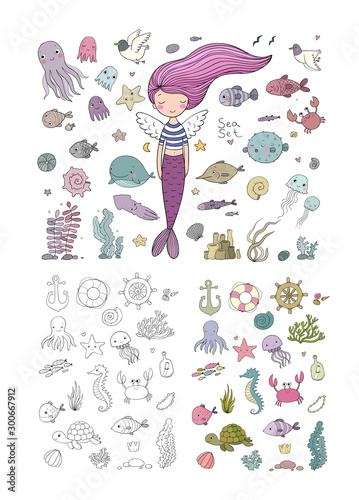 Marine illustrations set. Little cute cartoon mermaid