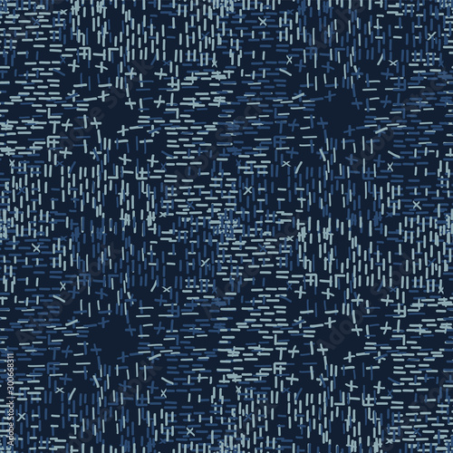 Boro Fabric Patch Kantha Vector Texture. Darning Embroidery Needlework Seamless Background. Indigo Blue Dye. Sashiko Running Stitch Pattern Textile Print. Japan Fashion Masculine Quilting Tile EPS 10