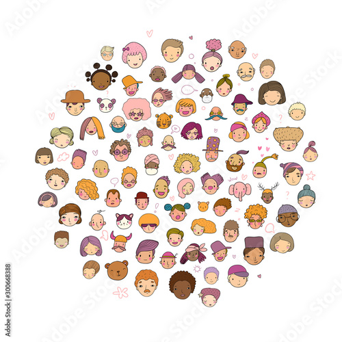 Pattern with graphical faces. Vector illustration. Set of people icons