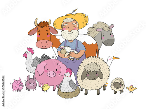 Cute cartoon farmer and animals. Country man and cow, horse and sheep, chicken and goose, pig and rooster.