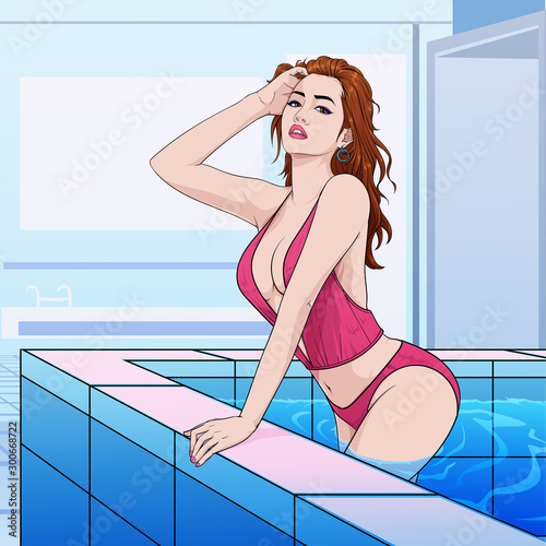 Beautiful girl wearing a sexy swimsuit posing at the pool Illustration vector On pop art comic style Colorful soft background