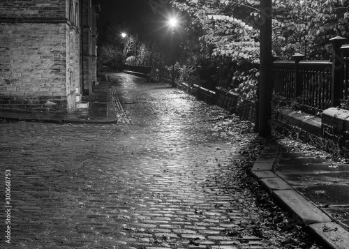 Fotografiet The lamp lit cobbled streets of Saltaire, pictured in moody black & white, revea