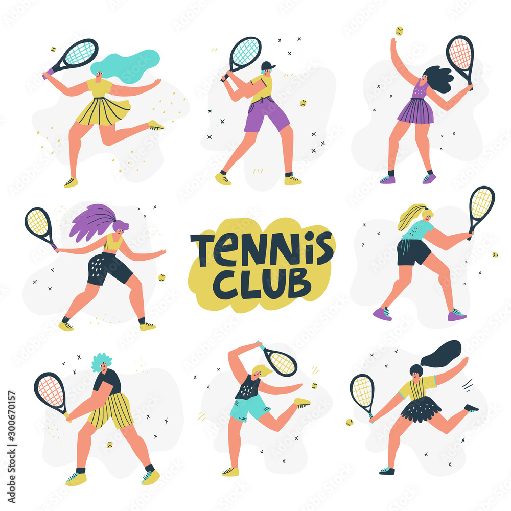 Tennis club hand drawn vector banner template. Professional female athletes hitting ball flat cartoon characters set