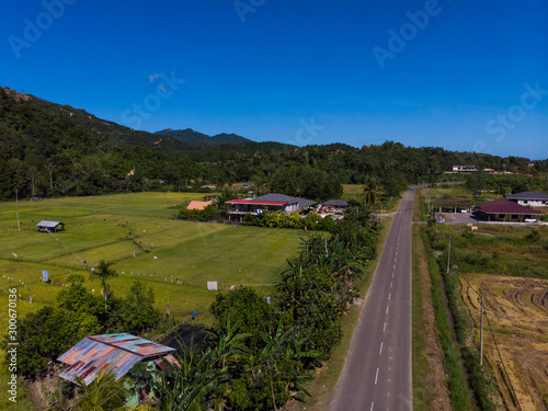 Aerial image of beautiful nature landscape with green paddy field.
