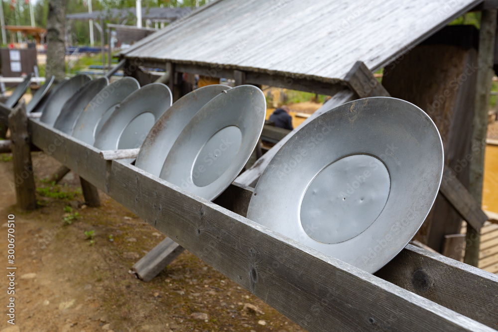 Gold panning equipment. Tools of the gold washer. Gold pan. Gold panning equipment. Tools of the gold washer. Gold pan.