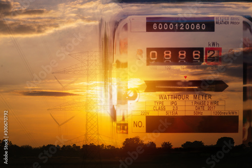 Electricity meter for house with sky background. photo