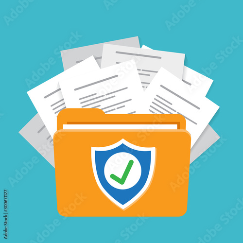 Document protection concept, secure data with paper documents and guard shield vector illustration photo