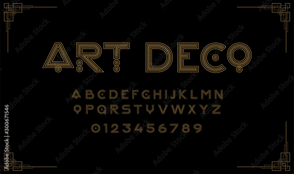 Art Deco creative font. Creative template in style of 1920s for your design. Letters, Numbers in