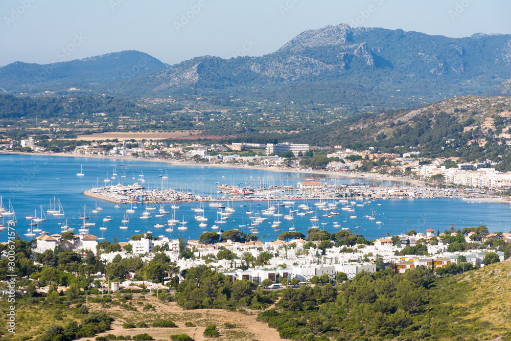 Yachts in the Bay of the port of Pollensa on the island of Mallorca