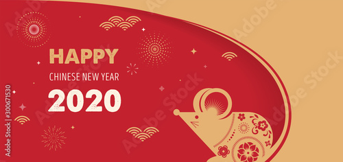 Happy Chinese new year design. 2020 Rat zodiac. Cute mouse cartoon. Japanese, Korean, Vietnamese lunar new year. Vector illustration and banner concept