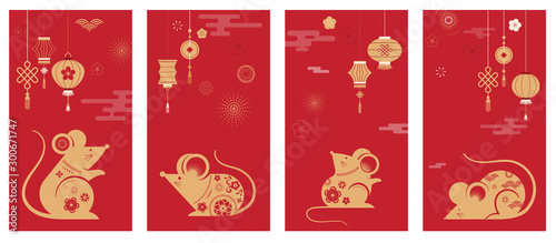 Happy Chinese new year design. 2020 Rat zodiac. Cute mouse cartoon. Japanese, Korean, Vietnamese lunar new year. Vector illustration and banner concept 