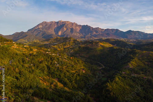 Aerial view of The greatest Mount Kinabalu of Sabah, Borneo during Sunrise.Image taken during twilight sunrise.