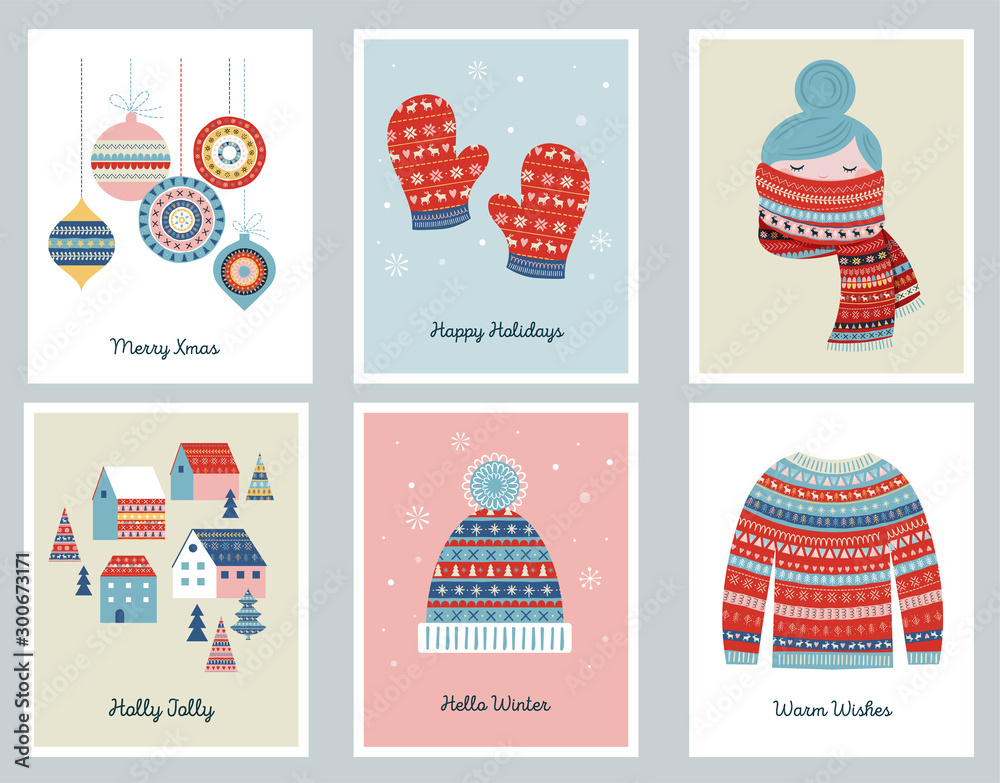 Naklejka premium Merry Christmas cards with patterned illustrations and elements. Vector design