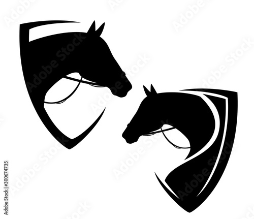 horse head with bridle and reins in heraldic shield - horseback riding black and white vector heraldry design